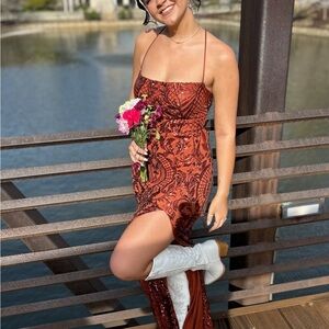 Orange Patterned Dress with Slit